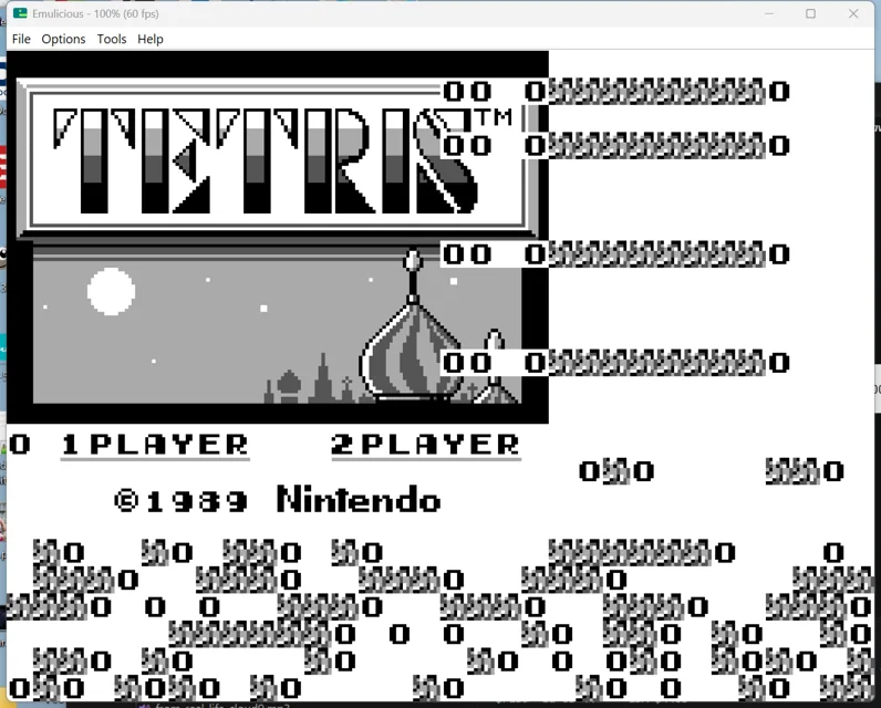 Tetris title screen in a Master System emulator, with unmasked graphics outside the Game Boy display area